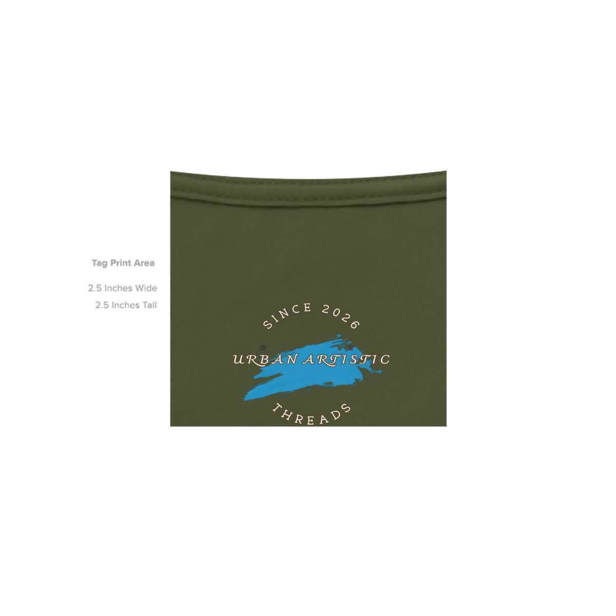 Olive green skateboard tee neck label with Urban Artistic Threads logo, blue brushstroke, and Since 2026 text.