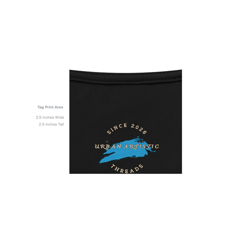Urban Artistic Threads tag print featuring blue brushstroke and gold text, sized 2.5x2.5 inches on black Defiance on Deck skateboard tee.