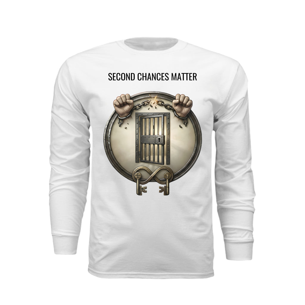 White long sleeve tee featuring "Second Chances Matter" text above broken chains, an open prison door, and keys symbolizing rehabilitation and freedom.