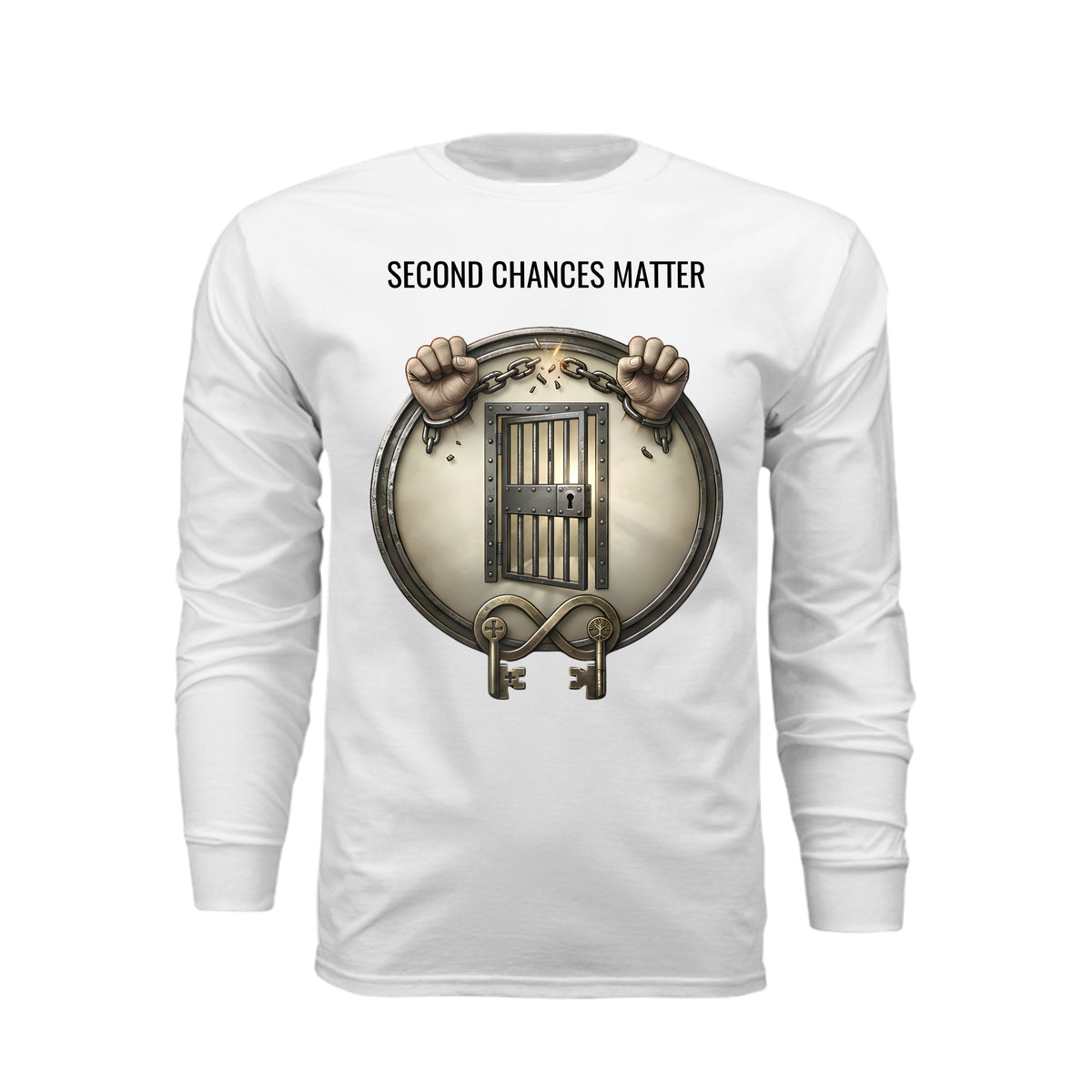 White long sleeve tee featuring "Second Chances Matter" text above broken chains, an open prison door, and keys symbolizing rehabilitation and freedom.