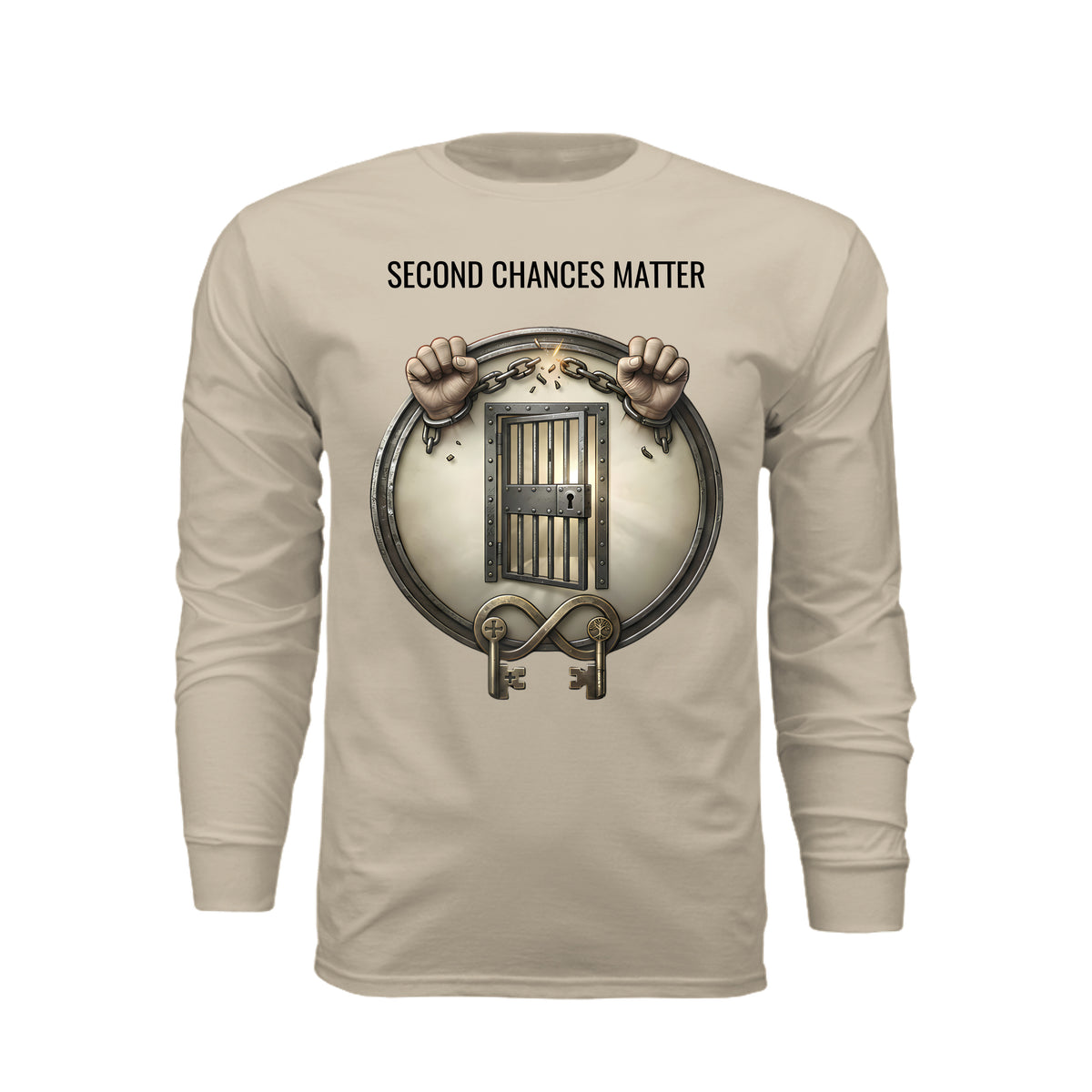 Beige long sleeve tee featuring "Second Chances Matter" text, broken chains, jail bars, and keys symbolizing freedom and rehabilitation.