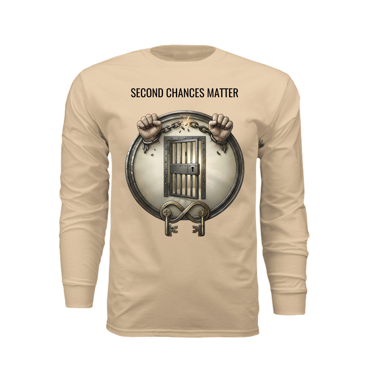 "Second Chances Matter" long sleeve tee featuring broken chains, prison bars, keys, and an open door symbolizing rehabilitation and freedom.