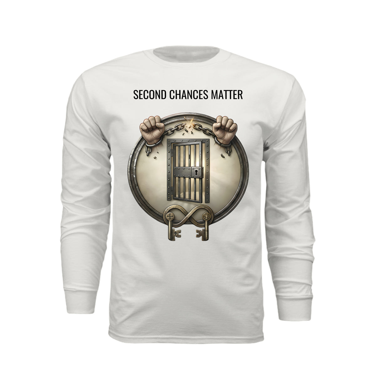 Second Chances Matter long sleeve tee featuring broken chains, prison bars, and keys symbolizing rehabilitation and freedom.