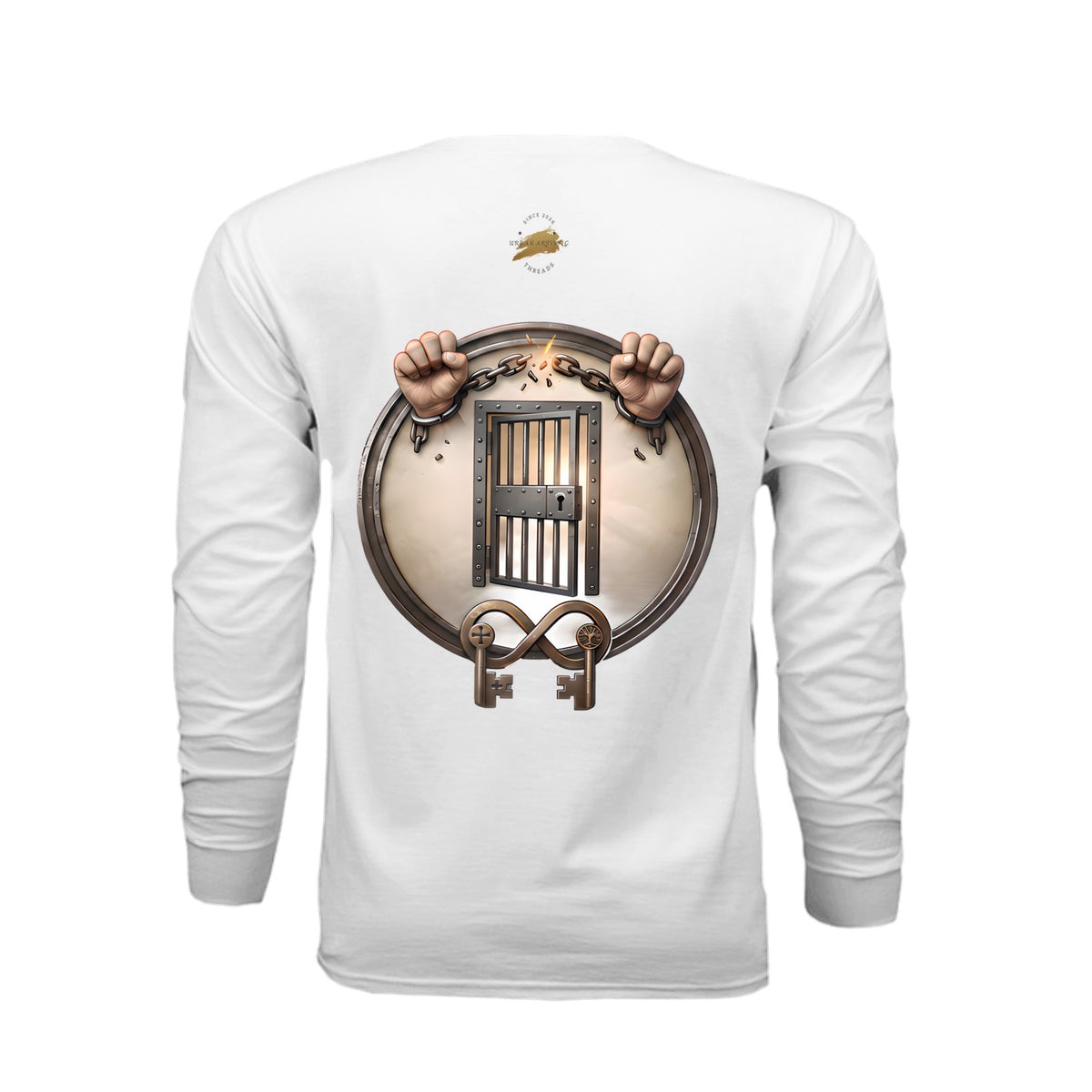 Back of white long sleeve tee featuring graphic of hands breaking chains, prison bar door, and keys to symbolize rehabilitation and freedom.