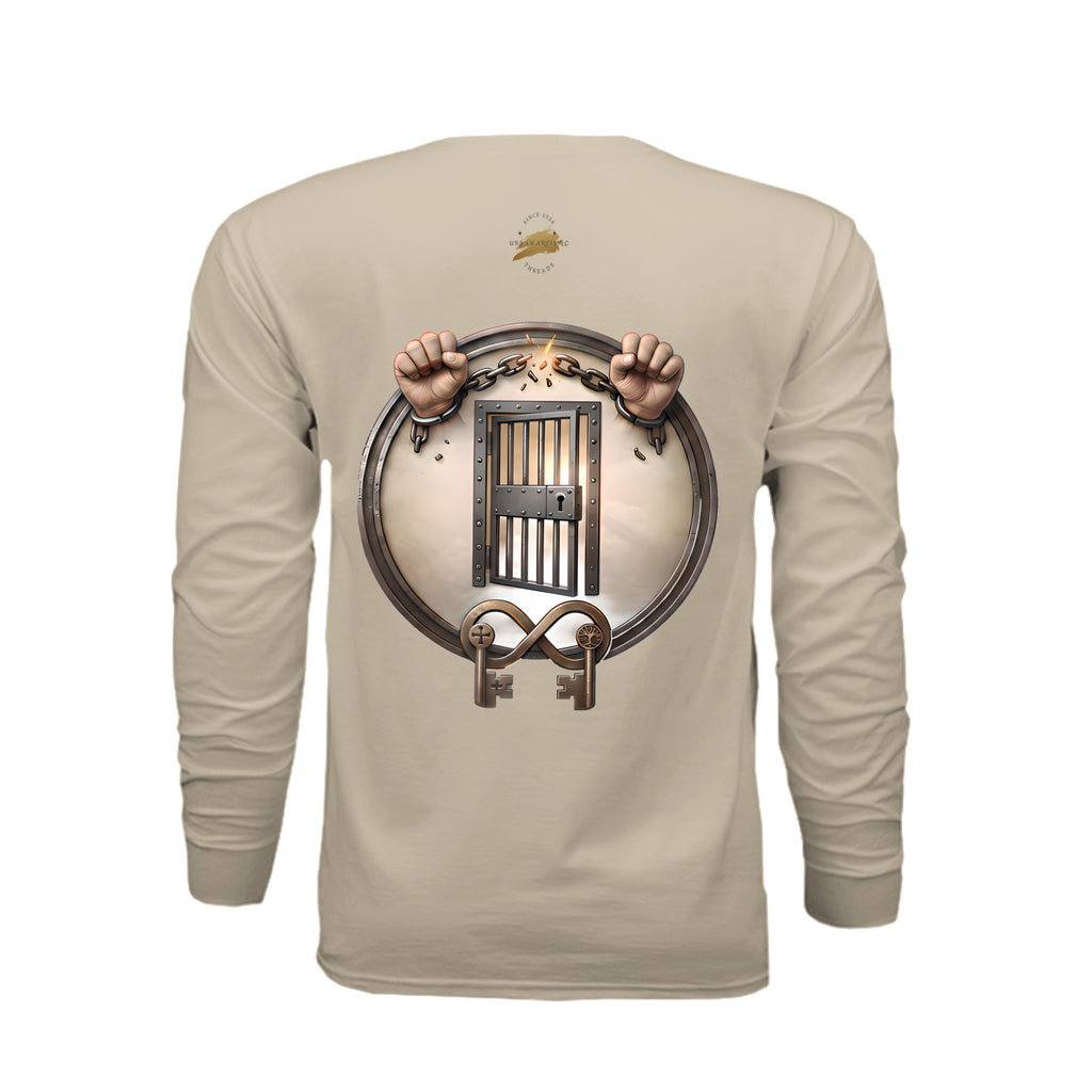 Beige long sleeve tee featuring graphic of breaking chains, jail door, and keys symbolizing rehabilitation, freedom, and second chances.