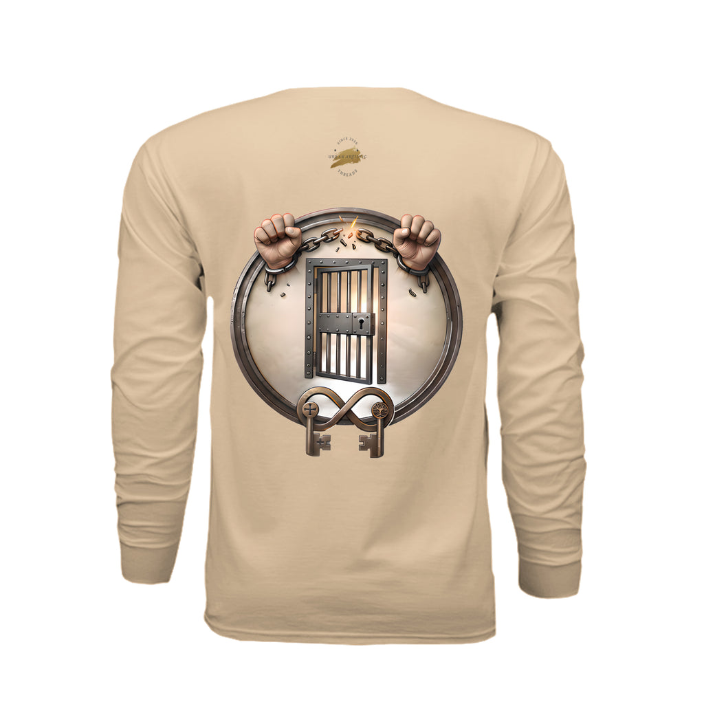 Beige long sleeve tee featuring graphic of hands breaking chains above prison bars and keys, symbolizing freedom and rehabilitation advocacy.