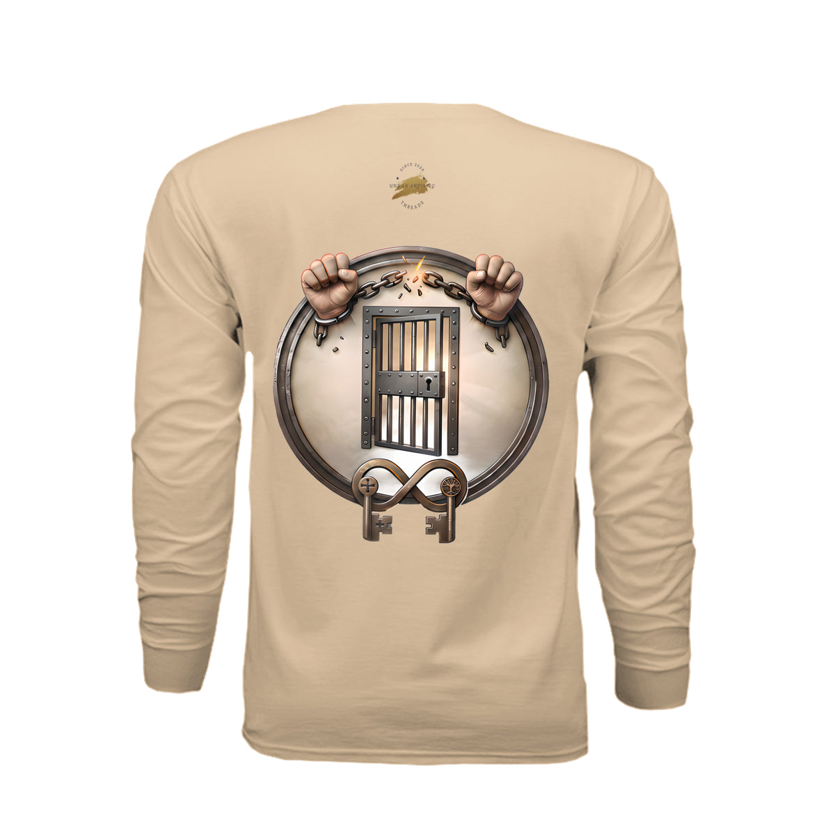 Beige long sleeve tee featuring graphic of hands breaking chains above prison bars and keys, symbolizing freedom and rehabilitation advocacy.