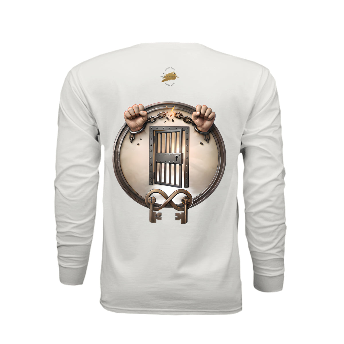 White long sleeve tee featuring graphic of breaking chains, prison door, and keys symbolizing rehabilitation and freedom.