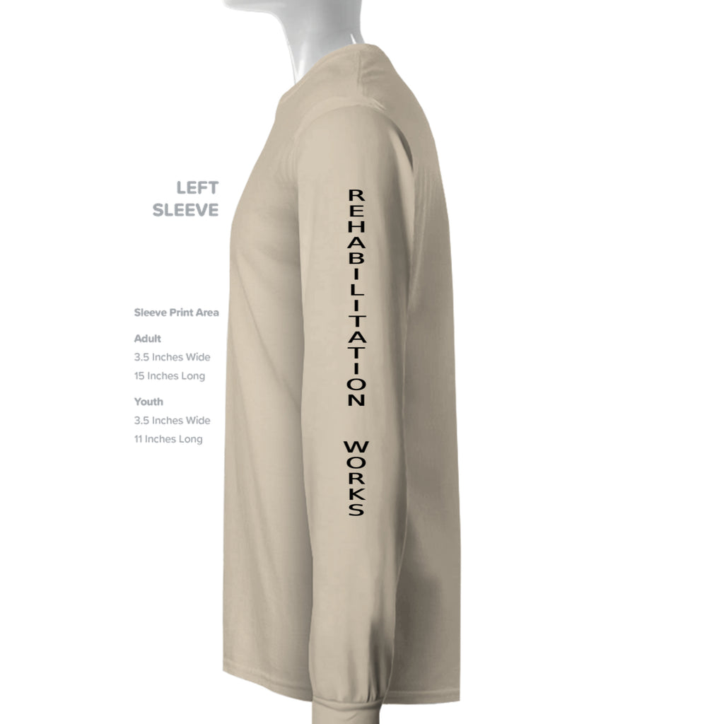 Beige long sleeve tee displaying vertical "REHABILITATION WORKS" text on the left sleeve.