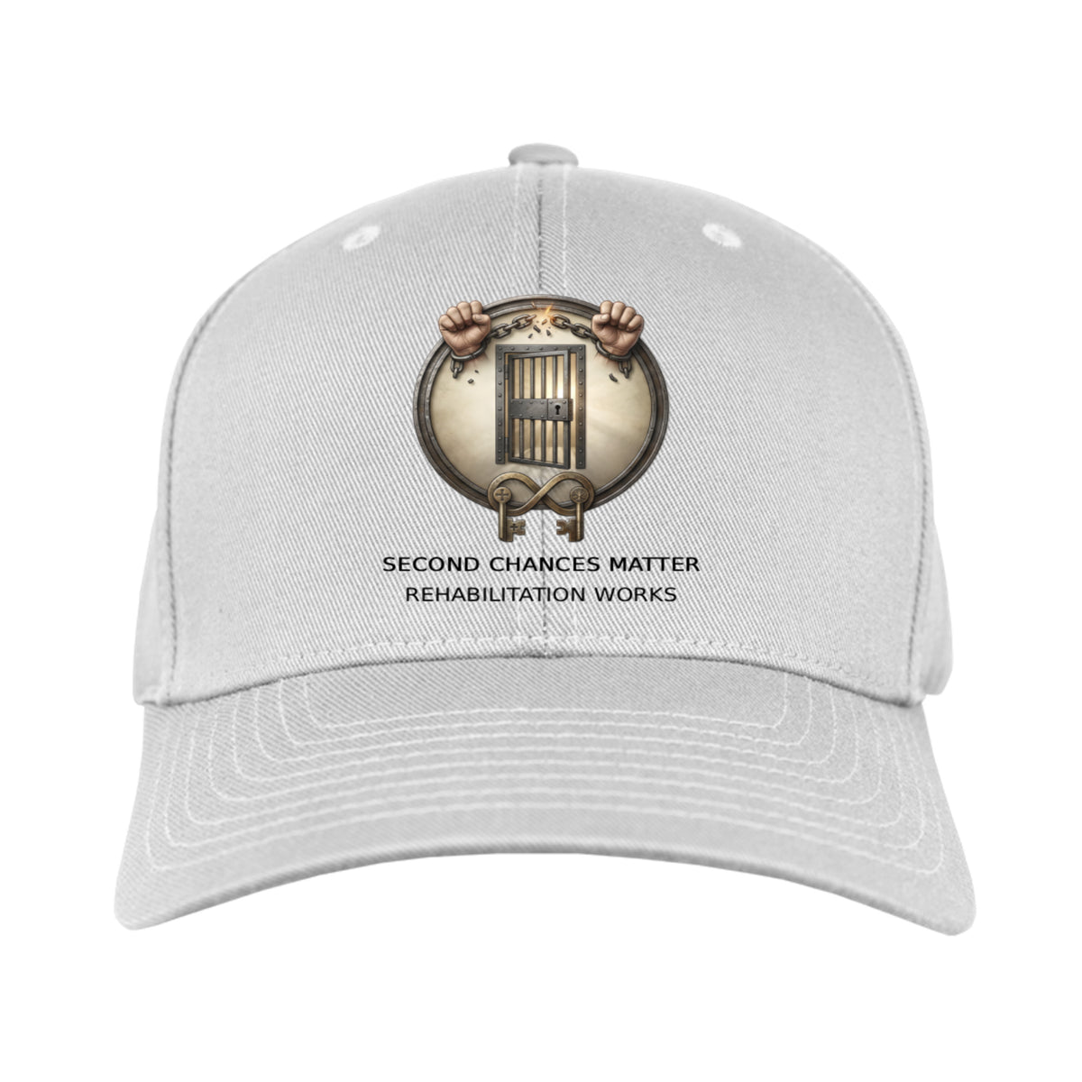 Gray cap featuring breaking chains and jail cell logo with Second Chances Matter Rehabilitation Works text.