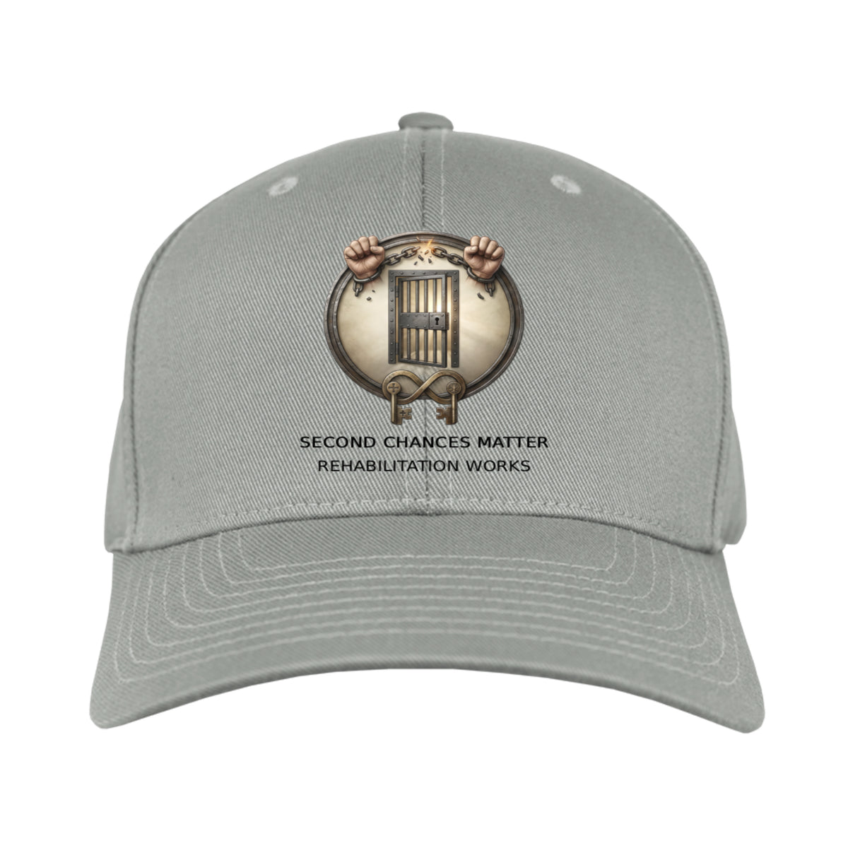 Gray cap featuring broken chains and jail cell graphic with text: Second Chances Matter, Rehabilitation Works.