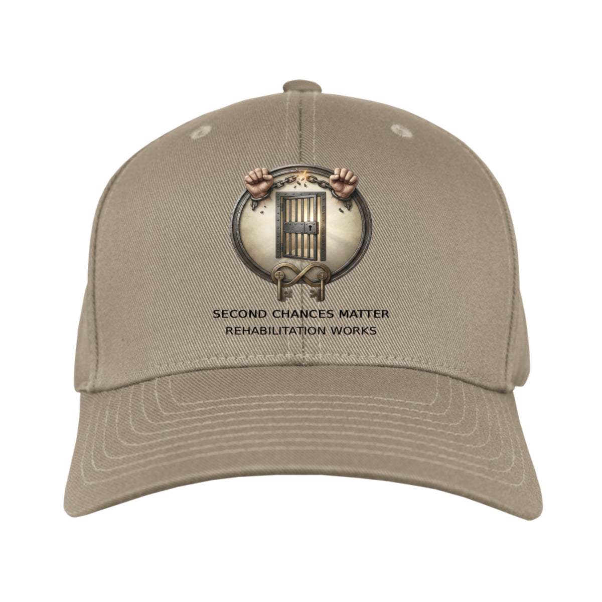 Tan cap featuring broken chains, prison bars, and keys with Second Chances Matter Rehabilitation Works text for advocacy.