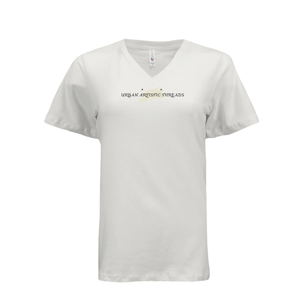 White V-neck tee featuring the Urban Artistic Threads signature logo with a beige paint-stroke emblem and stars.