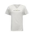 White V-neck tee featuring the Urban Artistic Threads signature logo with a beige paint-stroke emblem and stars.