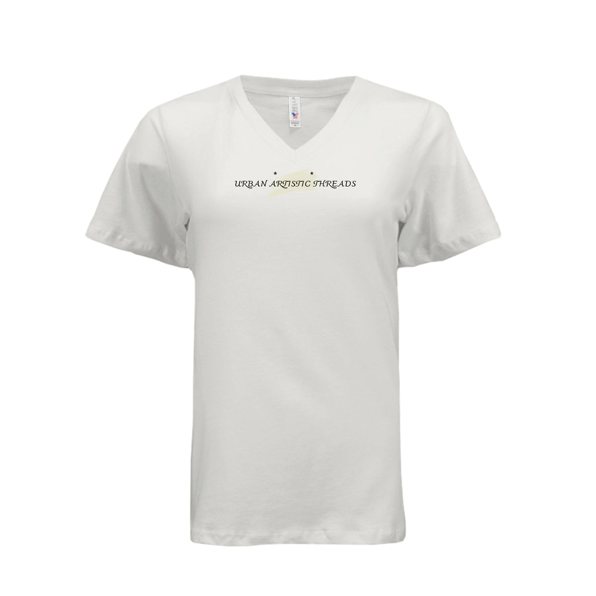 White V-neck tee featuring the Urban Artistic Threads signature logo with a beige paint-stroke emblem and stars.