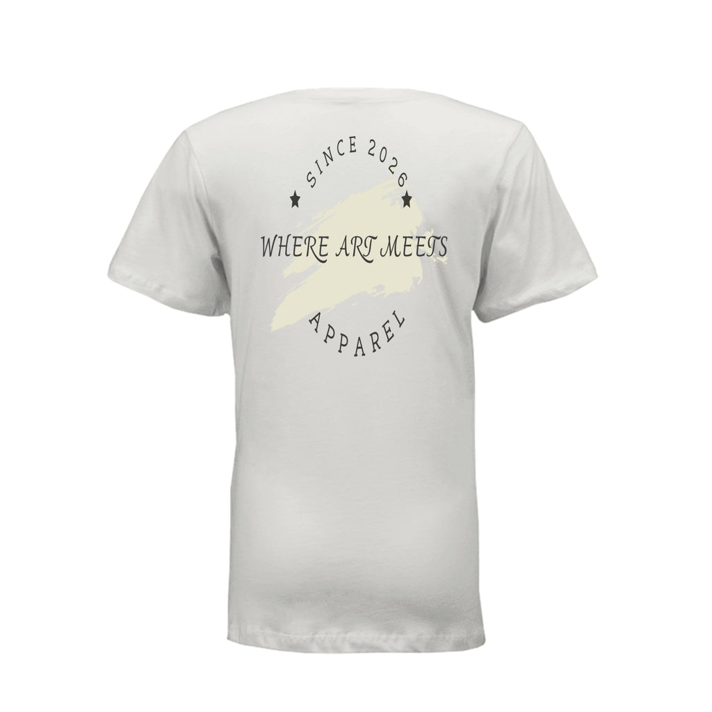 White V-neck tee back featuring 2026 paint-stroke emblem and "Where Art Meets Apparel" text for a creative wardrobe.