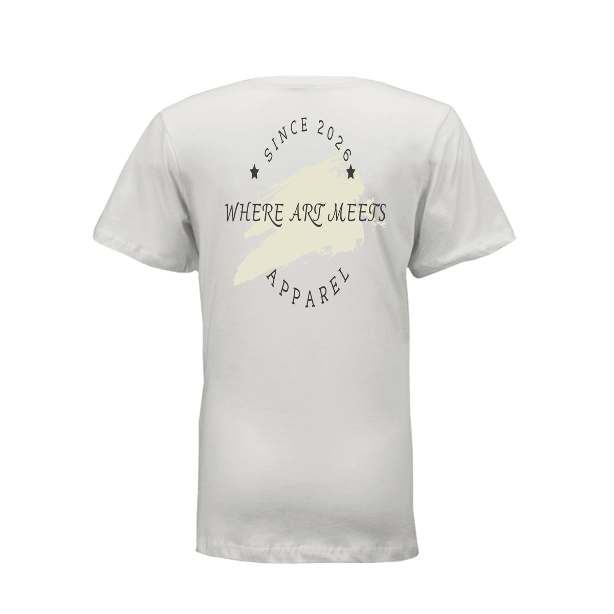 White V-neck tee back featuring 2026 paint-stroke emblem and "Where Art Meets Apparel" text for a creative wardrobe.