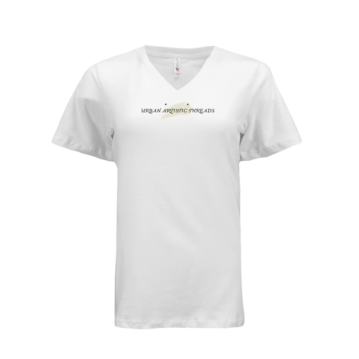 White women's V-neck tee featuring the Urban Artistic Threads signature paint-stroke emblem on the chest.