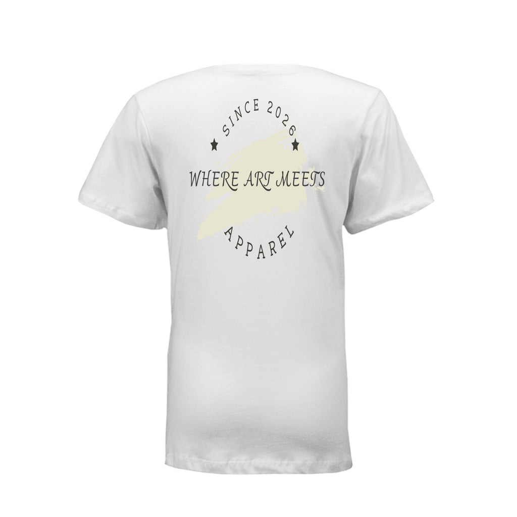 White V-neck tee back featuring 2026 beige paint-stroke emblem and "Where Art Meets Apparel" text.