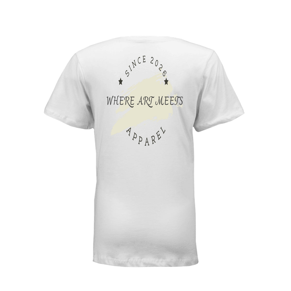 White V-neck tee back featuring 2026 beige paint-stroke emblem and "Where Art Meets Apparel" text.