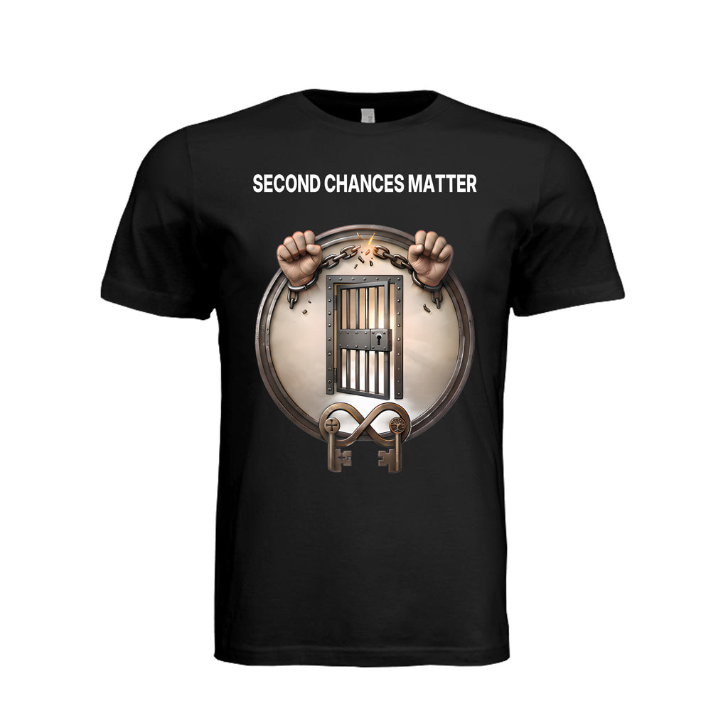 Black unisex shirt with "Second Chances Matter" text above broken chains, jail bars, and infinity symbol keys for rehabilitation advocacy.