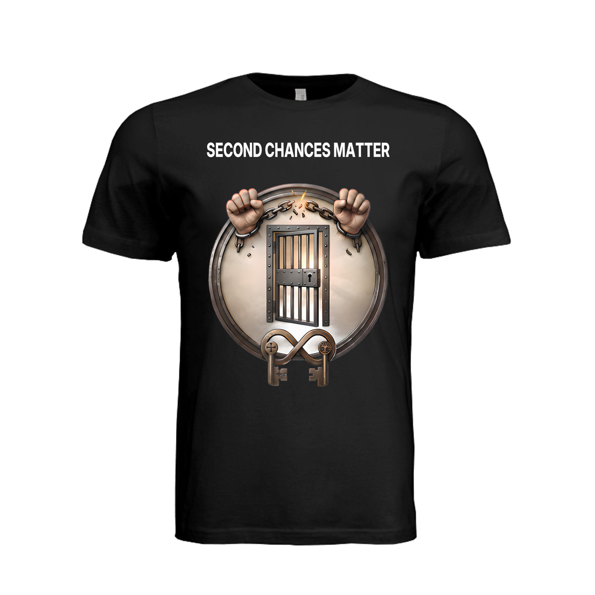 Black unisex shirt with "Second Chances Matter" text above broken chains, jail bars, and infinity symbol keys for rehabilitation advocacy.