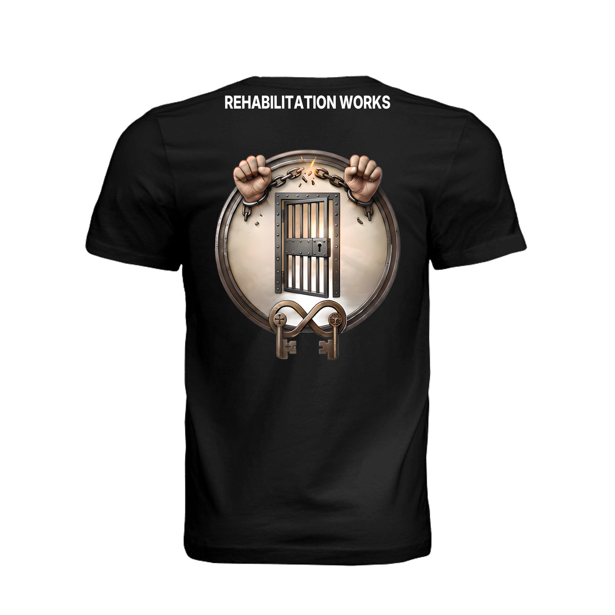 Rehabilitation Works t-shirt back graphic featuring hands breaking chains above a jail cell door and infinity keys.