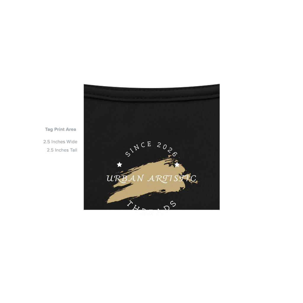 Urban Artistic Threads logo mockup on black shirt tag, featuring gold brushstroke and "Since 2026" text.