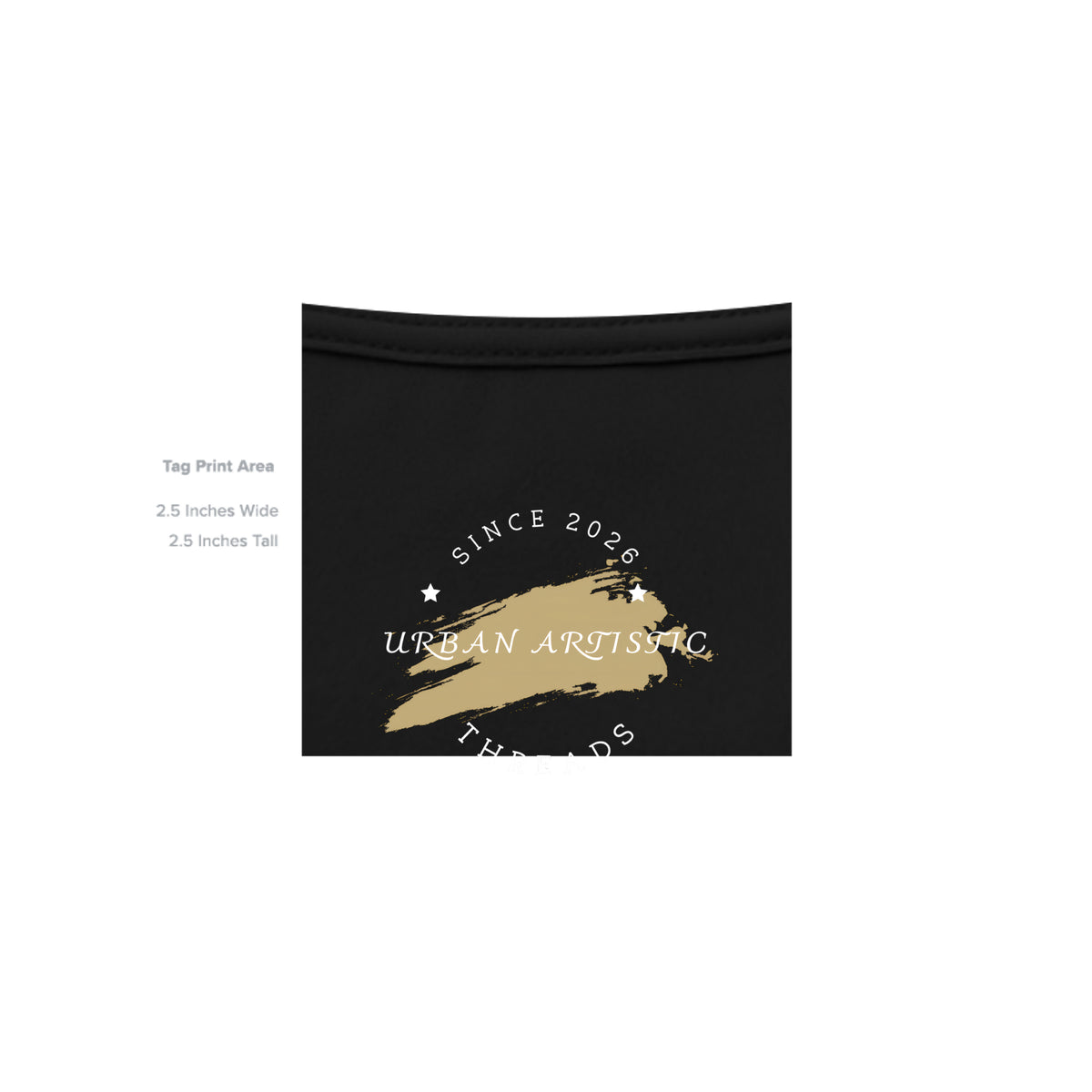 Urban Artistic Threads logo mockup on black shirt tag, featuring gold brushstroke and "Since 2026" text.