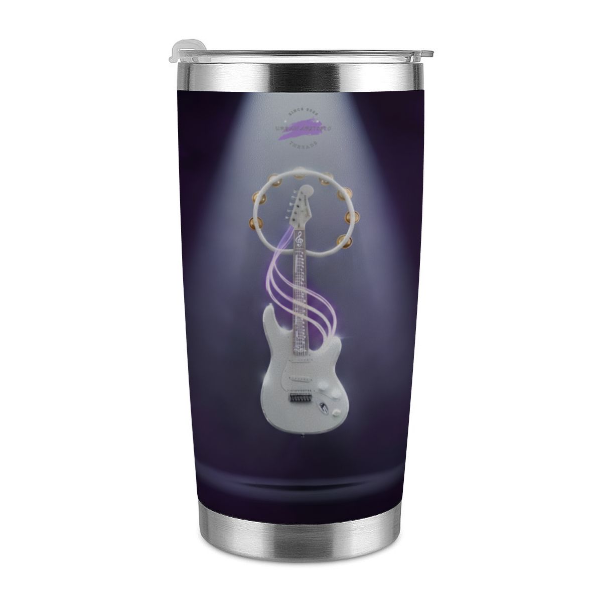 Vibe Master 20oz stainless steel travel tumbler with full-wrap guitar graphic on purple background.