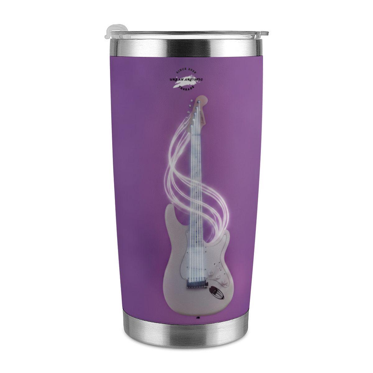 Purple 20oz Urban Artistic Cosmic Rockstar travel tumbler featuring a white electric guitar with glowing musical trails