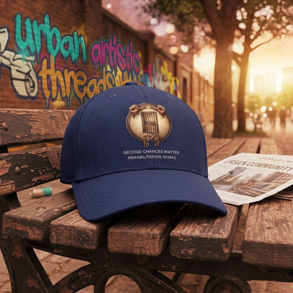 Navy cap with white Second Chances Matter text and logo on a wooden bench in an urban graffiti setting.