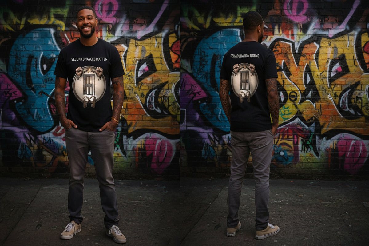 Man wearing black "Second Chances Matter" and "Rehabilitation Works" graphic tee featuring hands breaking prison bars against graffiti.