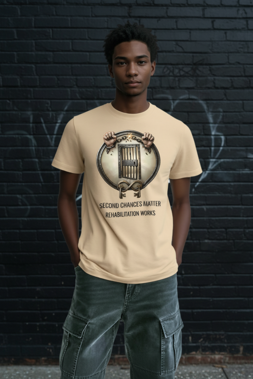 Beige Rehabilitation Works graphic tee on a man featuring a circular jail door with hands and Second Chances Matter.