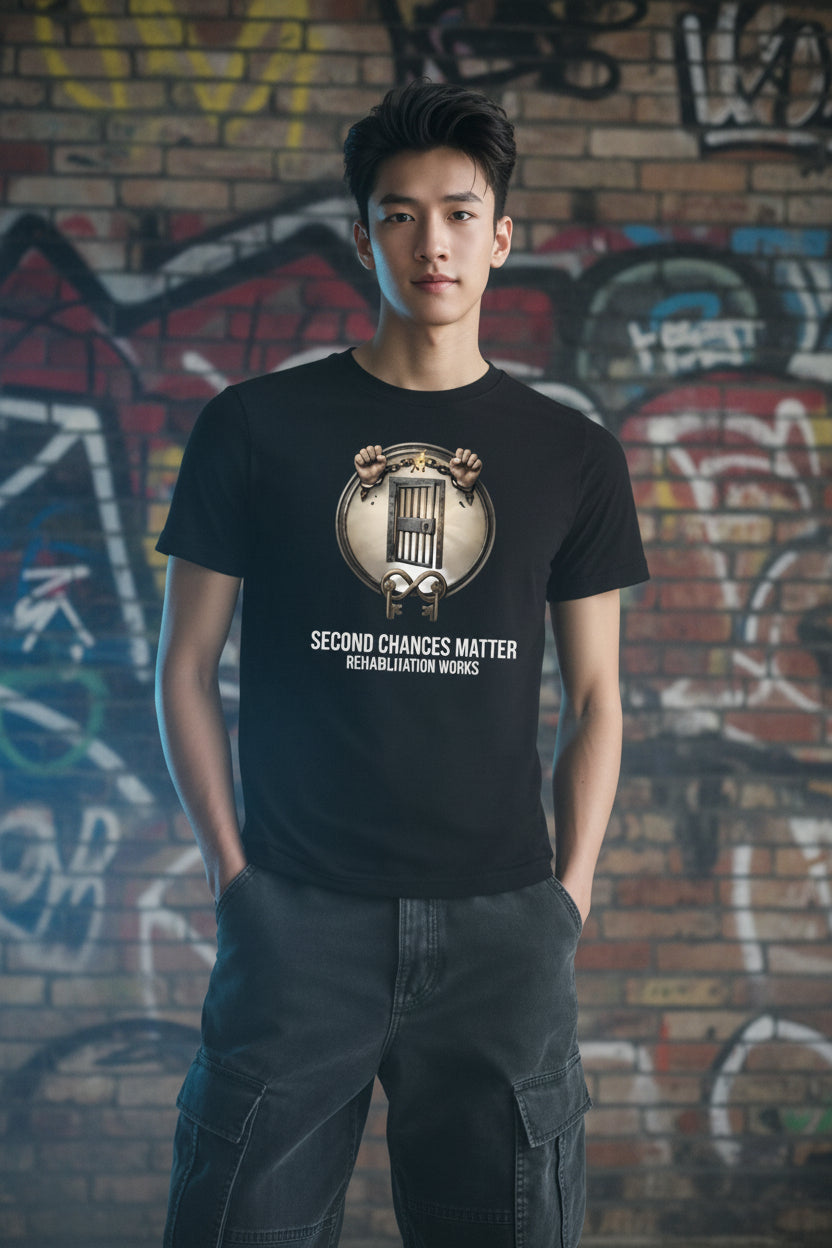 Young man wearing a black Rehabilitation Works unisex tee with a circular emblem and Second Chances Matter slogan.