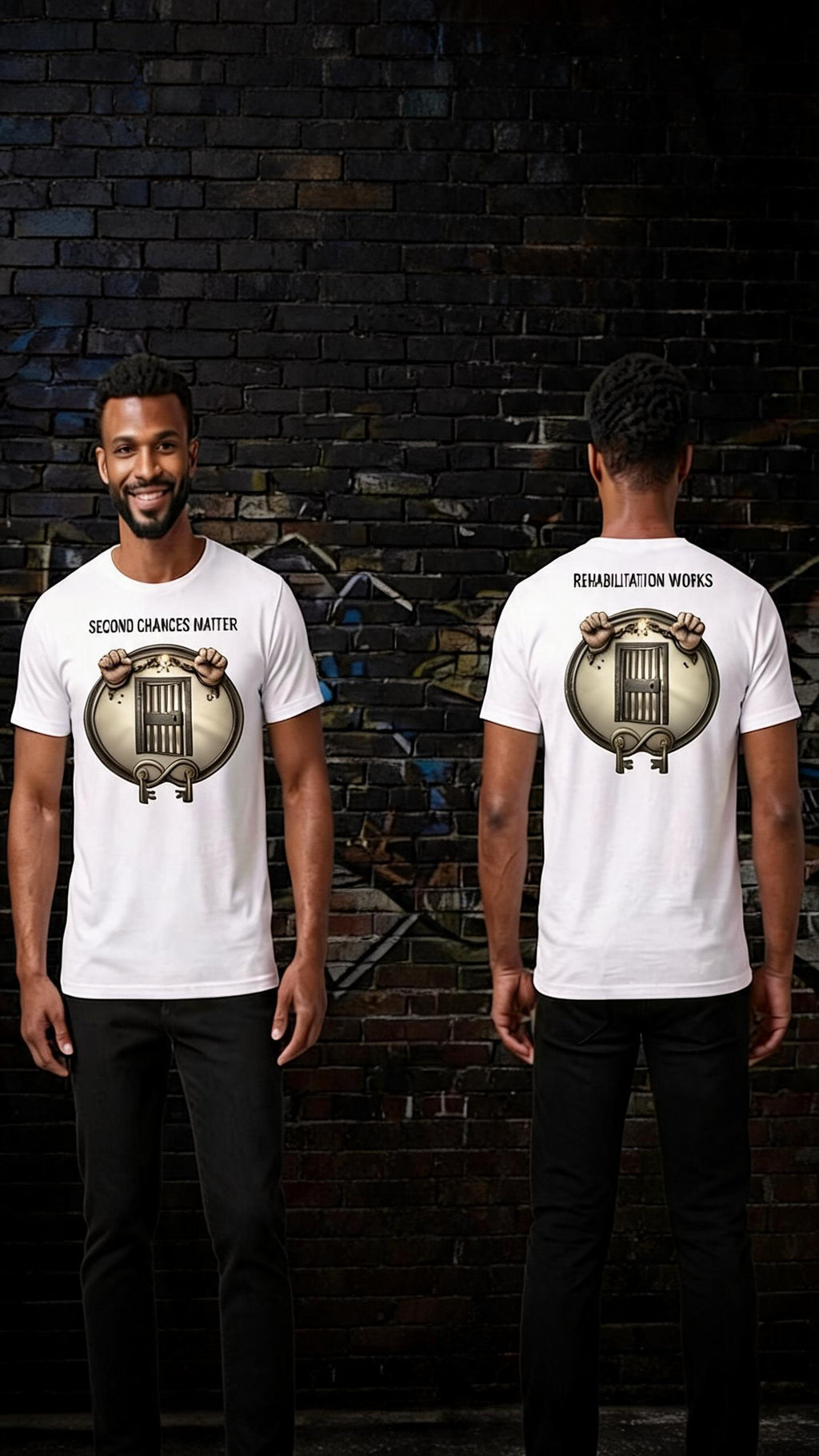 White unisex tee featuring "Second Chances Matter" and "Rehabilitation Works" prison gate graphics with broken chains and keys.