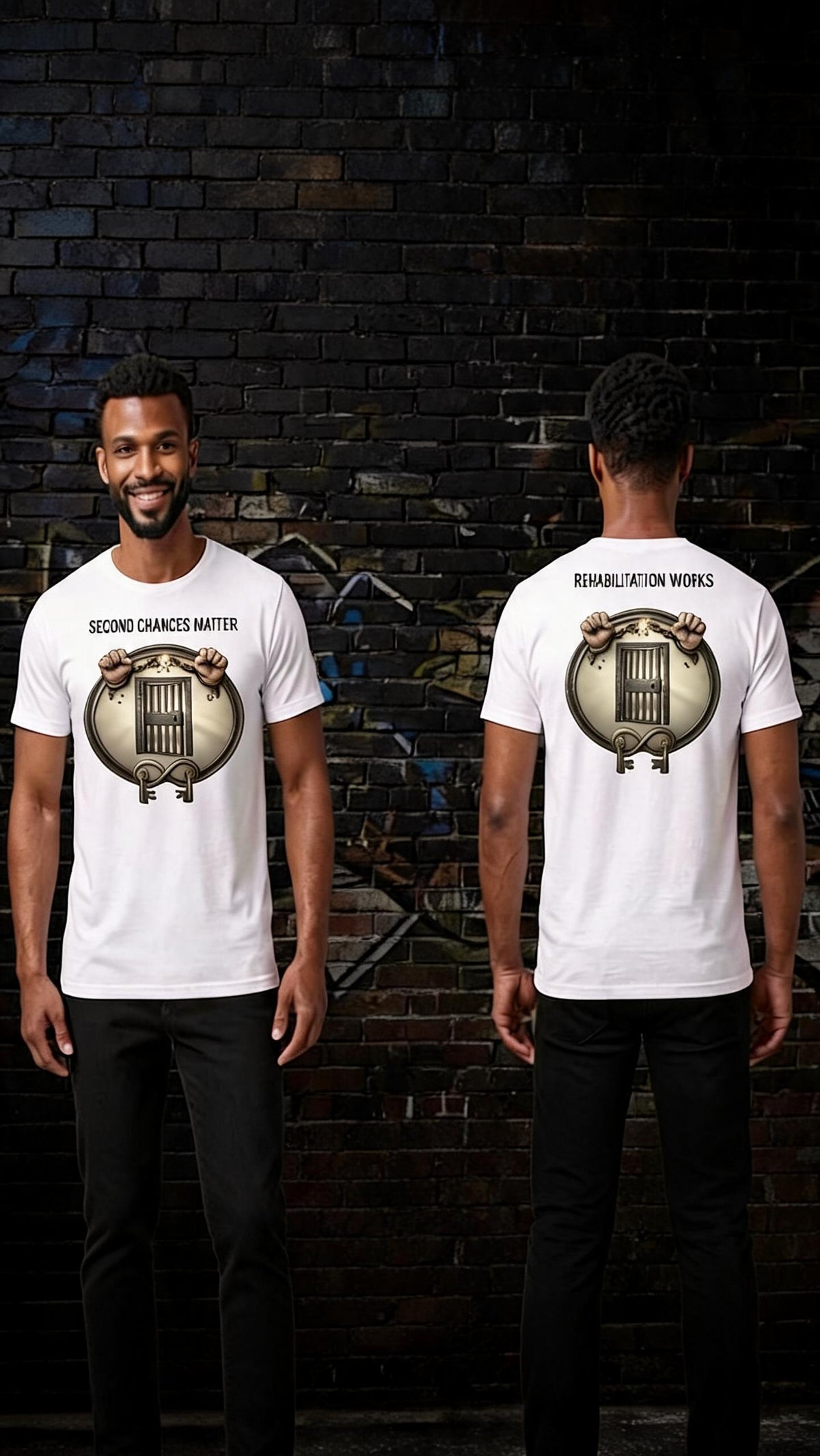White unisex tee featuring "Second Chances Matter" and "Rehabilitation Works" prison gate graphics with broken chains and keys.