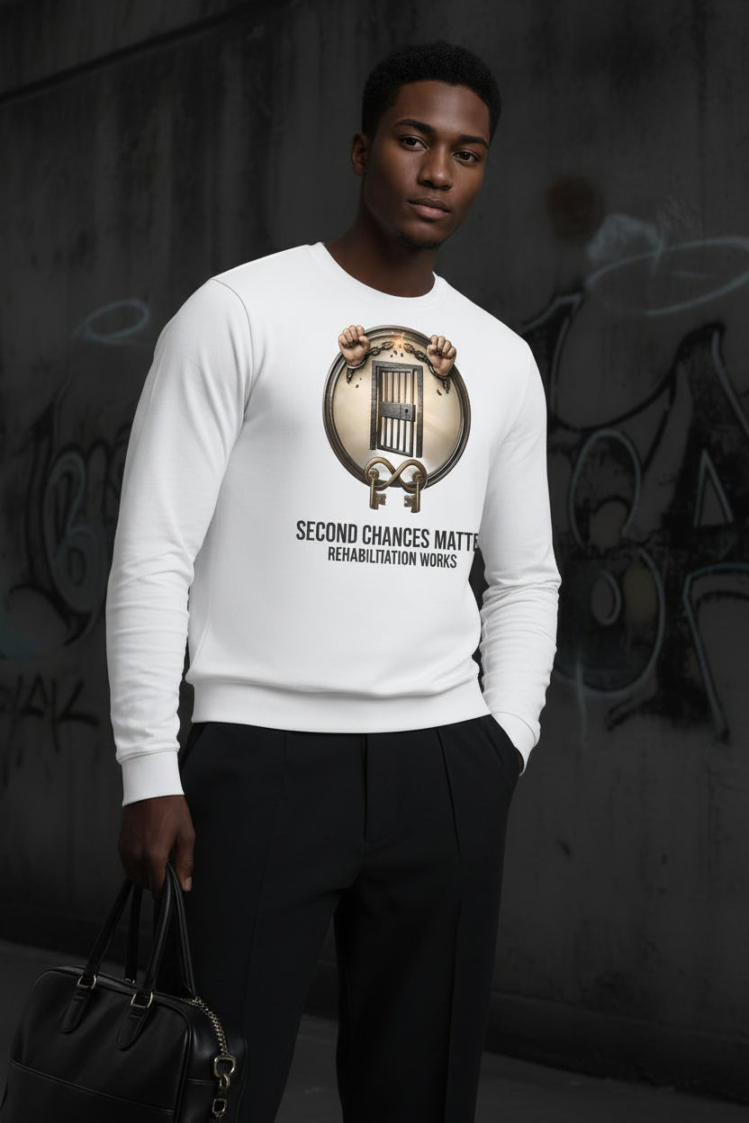 Man wearing white long-sleeve tee with 'Second Chances Matter' emblem featuring jail door, hands, breaking chains, and keys.