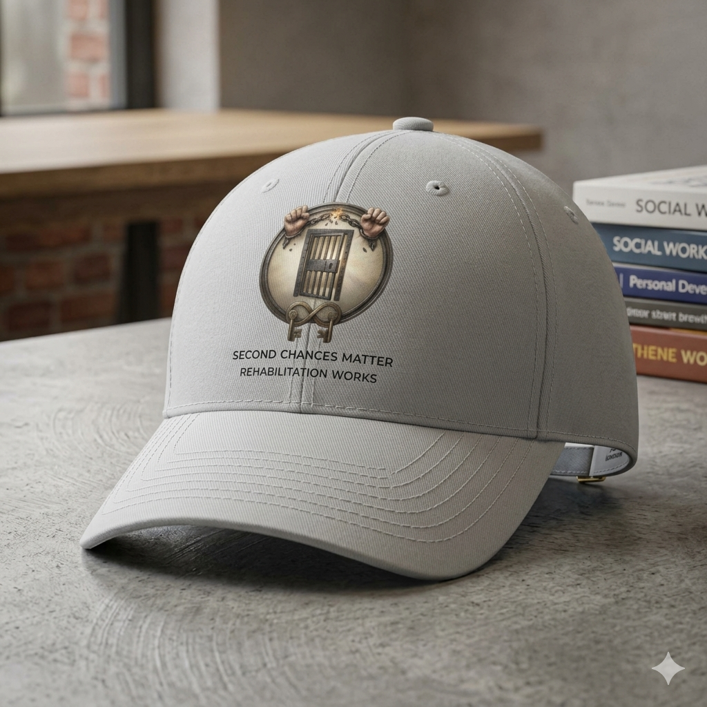 Second Chances Matter Rehabilitation Works cap with circular logo on gray fabric.