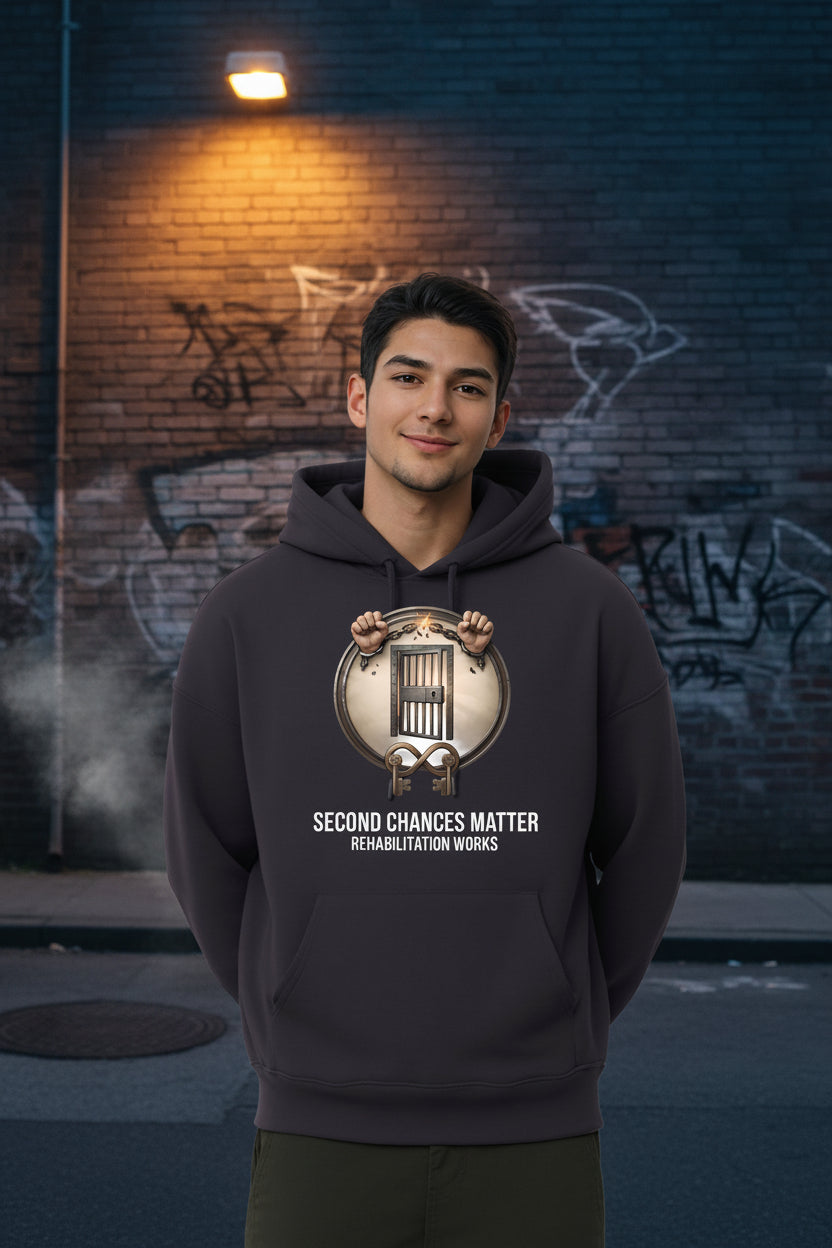 Male model wearing Second Chances Matter Rehabilitation Hoodie With White Text in an urban graffiti setting.