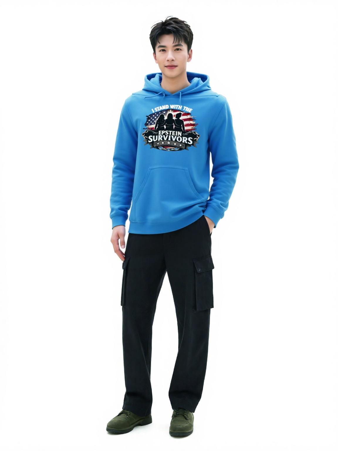 Blue heavyweight hoodie with patriotic graphic reading 'I Stand with the Epstein Survivors'.