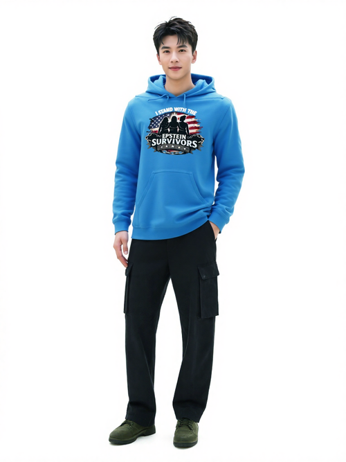 Blue heavyweight hoodie with patriotic graphic reading 'I Stand with the Epstein Survivors'.