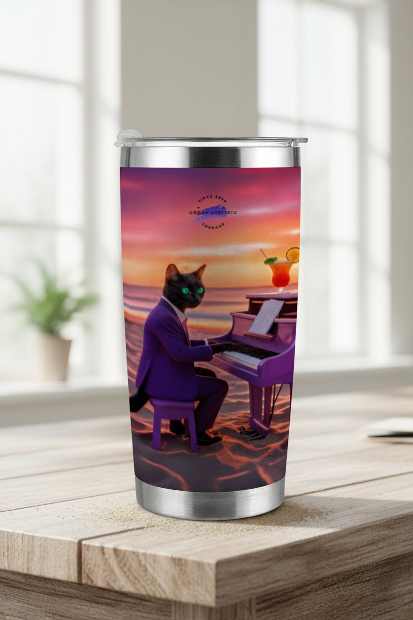 Sunset Piano Cat 20oz stainless steel travel tumbler with a black cat in a purple suit playing piano at a sunset beach.