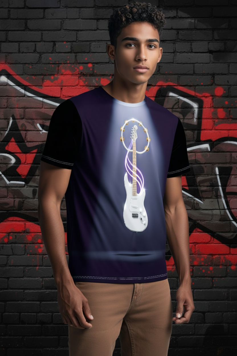 Male model wearing the Vibe Master Music Graphic Shirt with a white guitar graphic and purple glow.