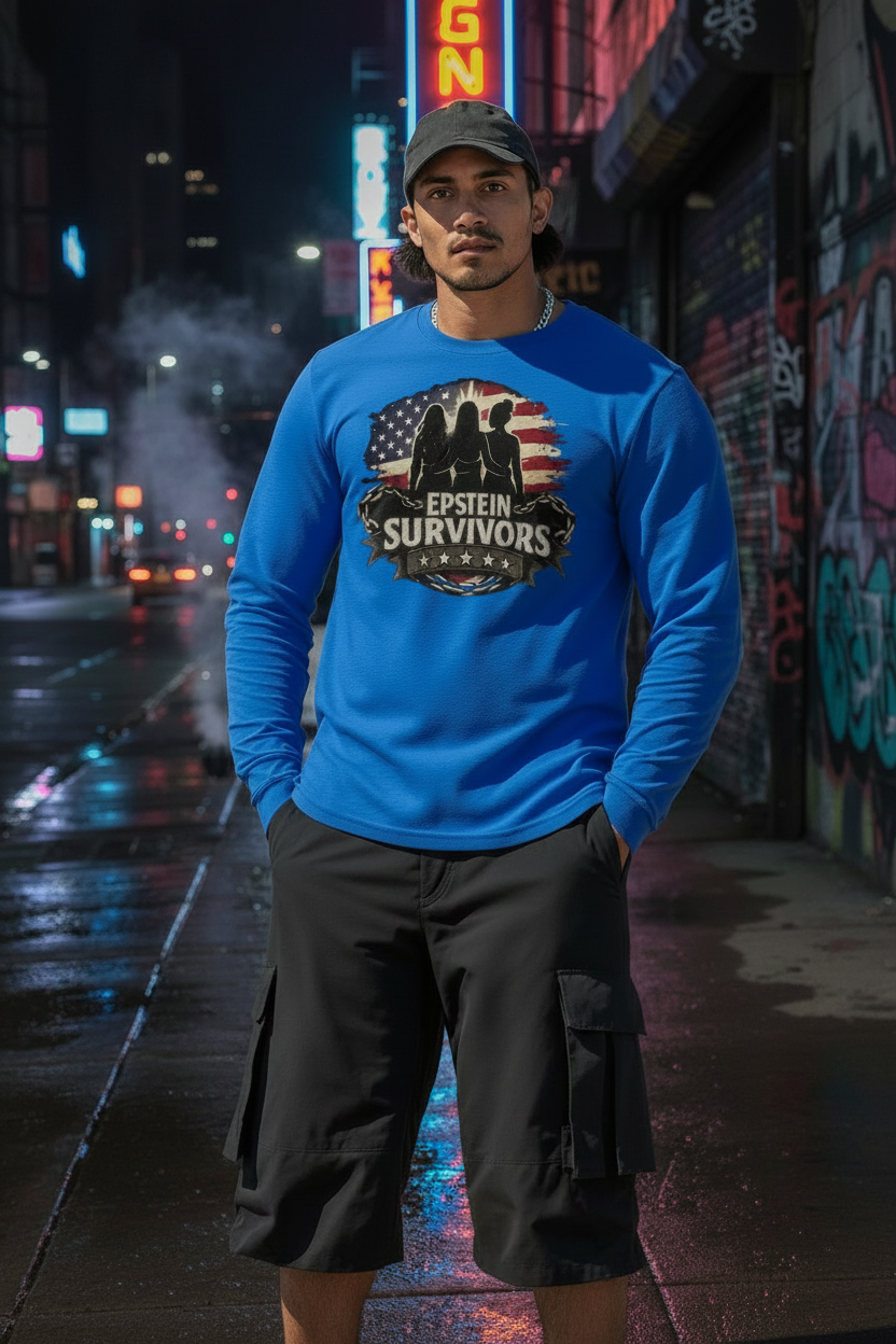 Man in blue long-sleeve shirt with Epstein Survivors graphic on neon-lit street — Deserve The Truth
