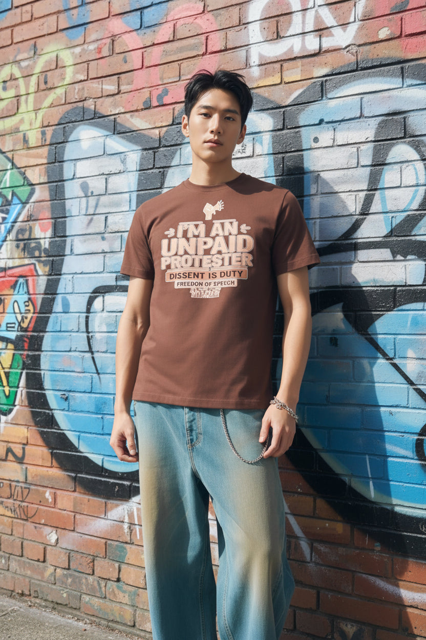 Man wearing brown Unpaid Protester graphic tee with bold typography and activist icon.