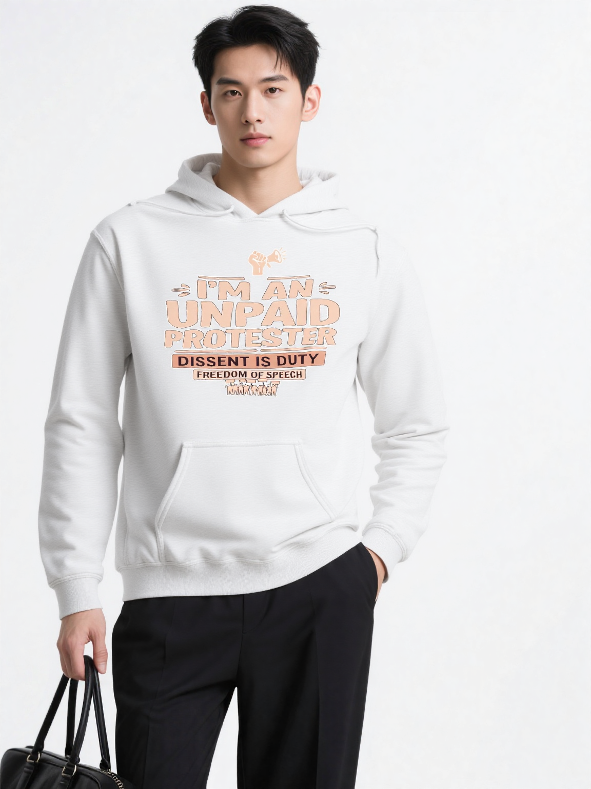 Young man in a white hoodie with the peach "I'M AN UNPAID PROTESTER" graphic and "DISSENT IS DUTY" slogan.