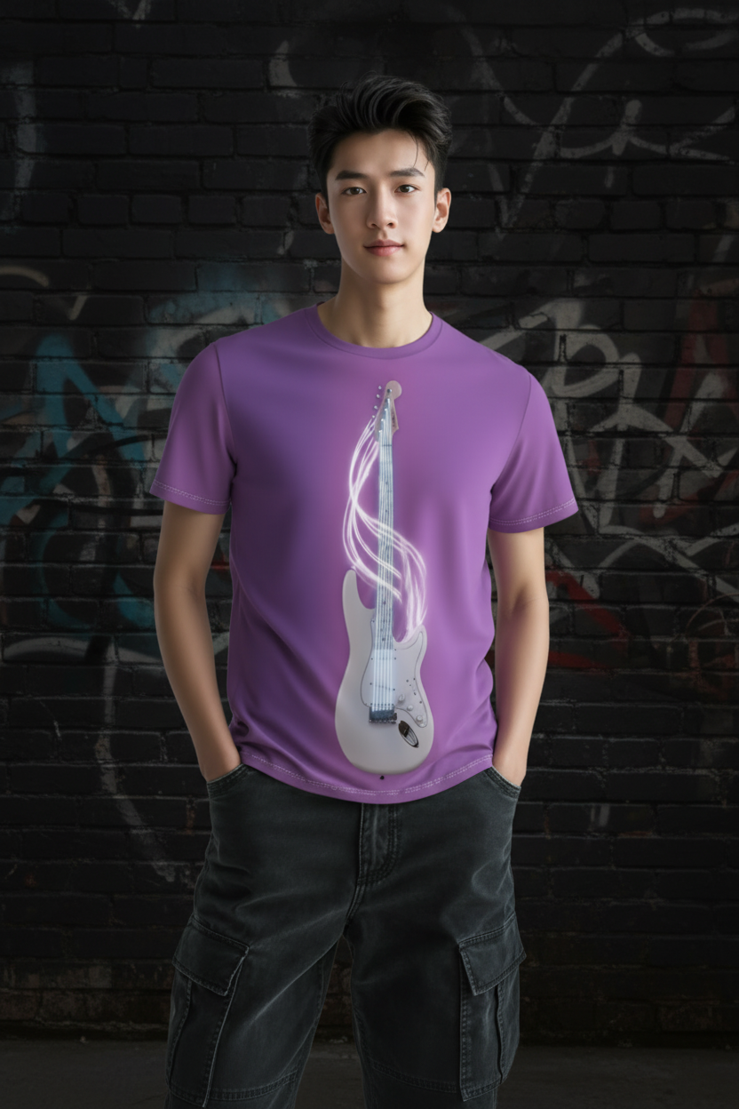 Urban Artistic Cosmic Rockstar Tee on model: purple tee with neon electric guitar and cosmic soundwave print.