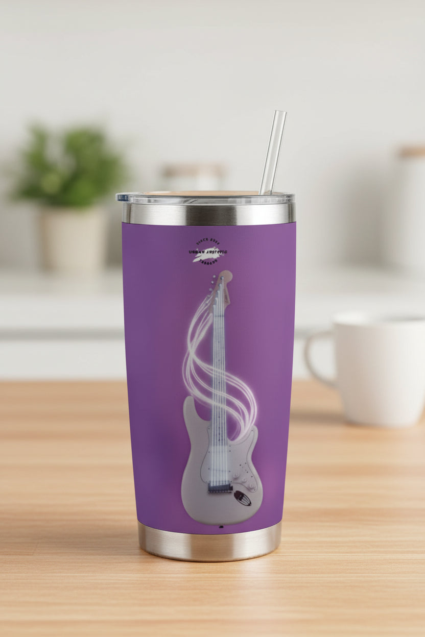 Urban Artistic Cosmic Rockstar 20oz purple travel tumbler with white guitar and cosmic wisps; silver lid