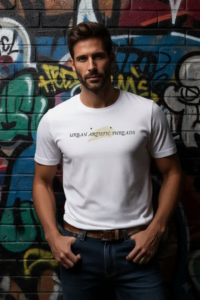 Man in white Urban Artistic Threads signature tee with beige paint-stroke emblem, standing against a colorful graffiti brick wall.